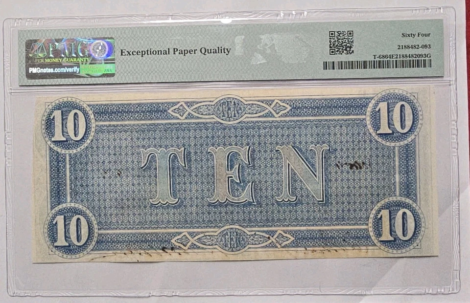 1864 Richmond, VA Confederate $10 Obsolete Banknote Choice Unc PMG 64 EPQ T-68 - Image 3 of 3