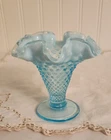 Fenton Vintage Mini Aqua Blue Opalescent Hobnail Trumpet Vase Ruffled Rim