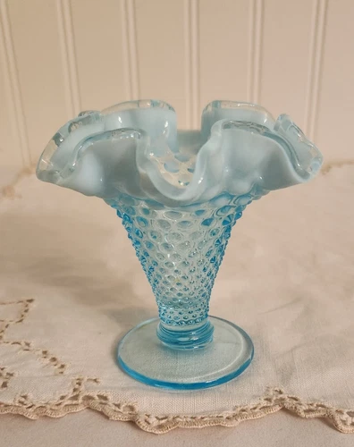 Fenton Vintage Mini Aqua Blue Opalescent Hobnail Trumpet Vase Ruffled Rim