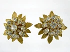 Vintage Miriam Haskell Goldtone Metal White Rhinestone Flower Clip on Earrings