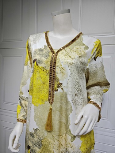 Elegant Women Dubai Jalabiya Gown Muslim Printed Dress V-neck Abaya Kaftan S-2XL - Picture 15 of 30