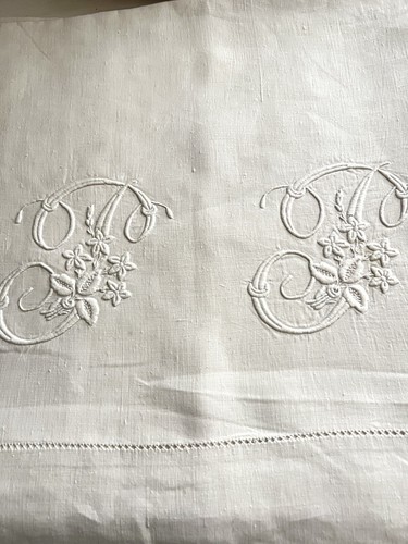 Antique LARGE FrenchTROUSSEAU floppy LINEN FIL sheet TT mono c1880 - Picture 19 of 24
