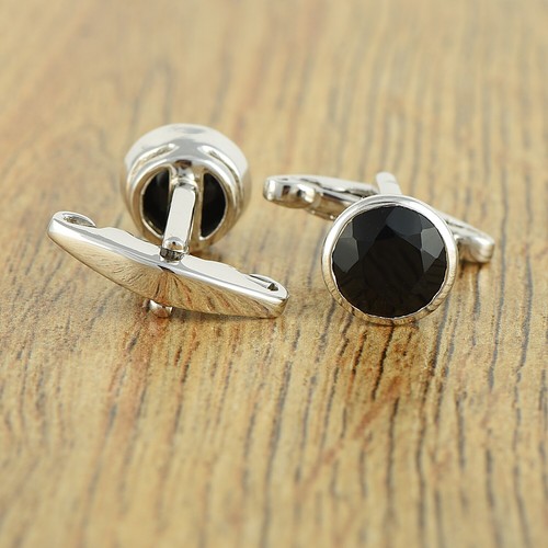 Round Cut Natural Black Onyx Men's Cufflinks 925 Sterling Silver