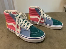 VANS SK8-HI W 7/ M 5.5 Suede Leather Canvas Color Block Pink Blue Green Gold EUC