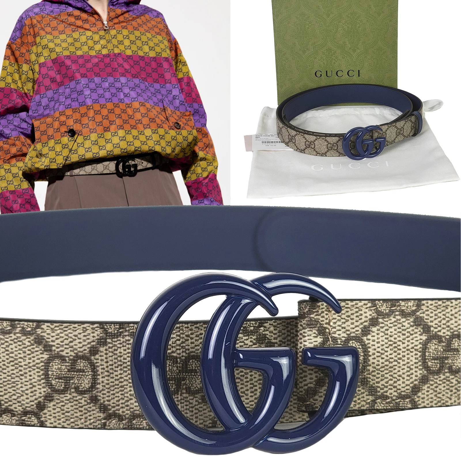 GUCCI CEINTURE 414516 LOGO GG MONOGRAMME SUPRÊME BLEU MARMONT BOUCLE UNISEXE 115 / 46