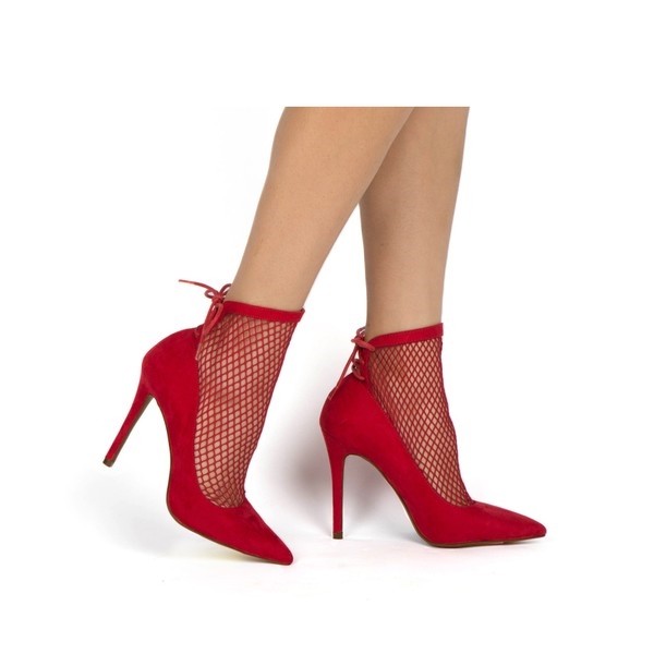 Qupid Red Mesh Pointed Heel Pumps with Net Detailing
