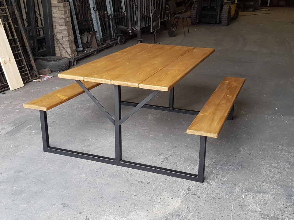 Dining Table And Benches. Rustic, Picnic bench style, vintage. - Image 2 of 4