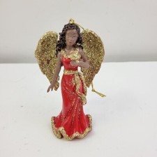 African American Angel Ornament Christmas Bird Glitter Gold Wings Red Dress