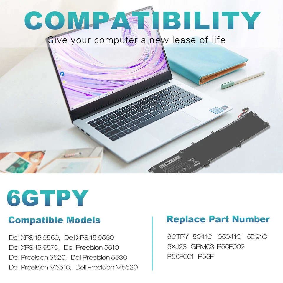 For Dell XPS 15 9550 9560 9570 7590 Precision 5510 5520 5540 6GTPY H5H20 Battery - Image 2 of 4