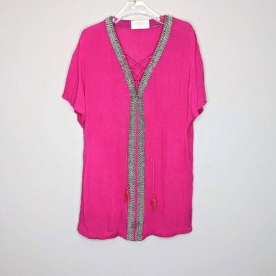 Piper by Townsen Bright Pink Beach Coverup Short Sleeve Lace Up Size S