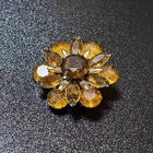 Vintage Flower Shaped Brooch Rhinestone Amber Marquise Cut Costume Jewelry