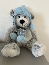 Hugfun International Gray Plush Soft Teddy Bear With Blue Winter Hat & Scarf