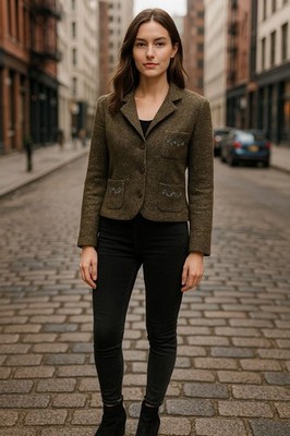 Vintage Toupy Paris Olive Bouclé Jacket Tweed Blazer Size 29 / T42 French Chic