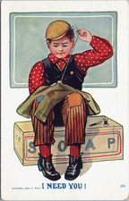 1907 Young Boy Newsboy Cap Sewing Soapbox Signed J. Tully I Need You! Postcard