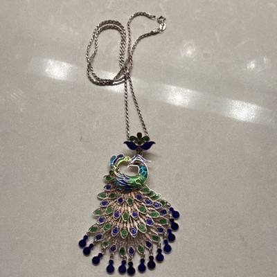 Peacock Enamel Pendant Necklace Blue Green with Silver Chain & Gift Box
