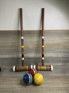 Vintage 2 Croquet Mallets Multicolored Band Wood 24x1” Stick & 3 Balls