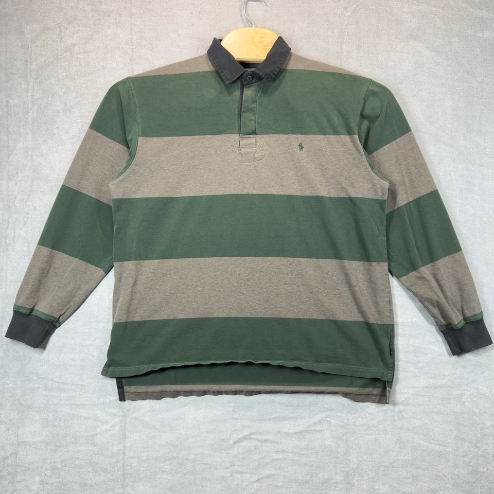 Polo Ralph Lauren Rugby Striped Shirt Mens Large Green Beige Long Sleeve Vintage - Image 2 of 4