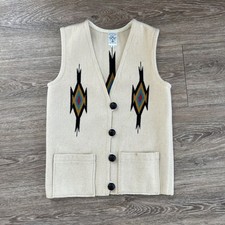 Ortega  s Chimayo Handwoven Wool Vest Ivory Southwest Aztec USA Size Small Vtg