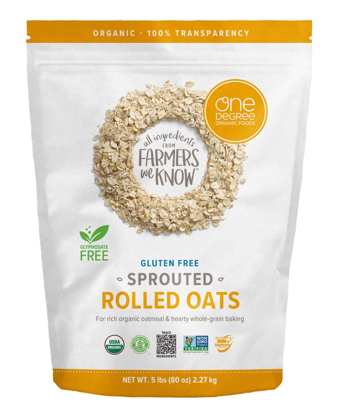 One Degree Organic Gluten Free Sprouted Rolled Oats 5 Lbs (80 Oz) EXP 02/2027