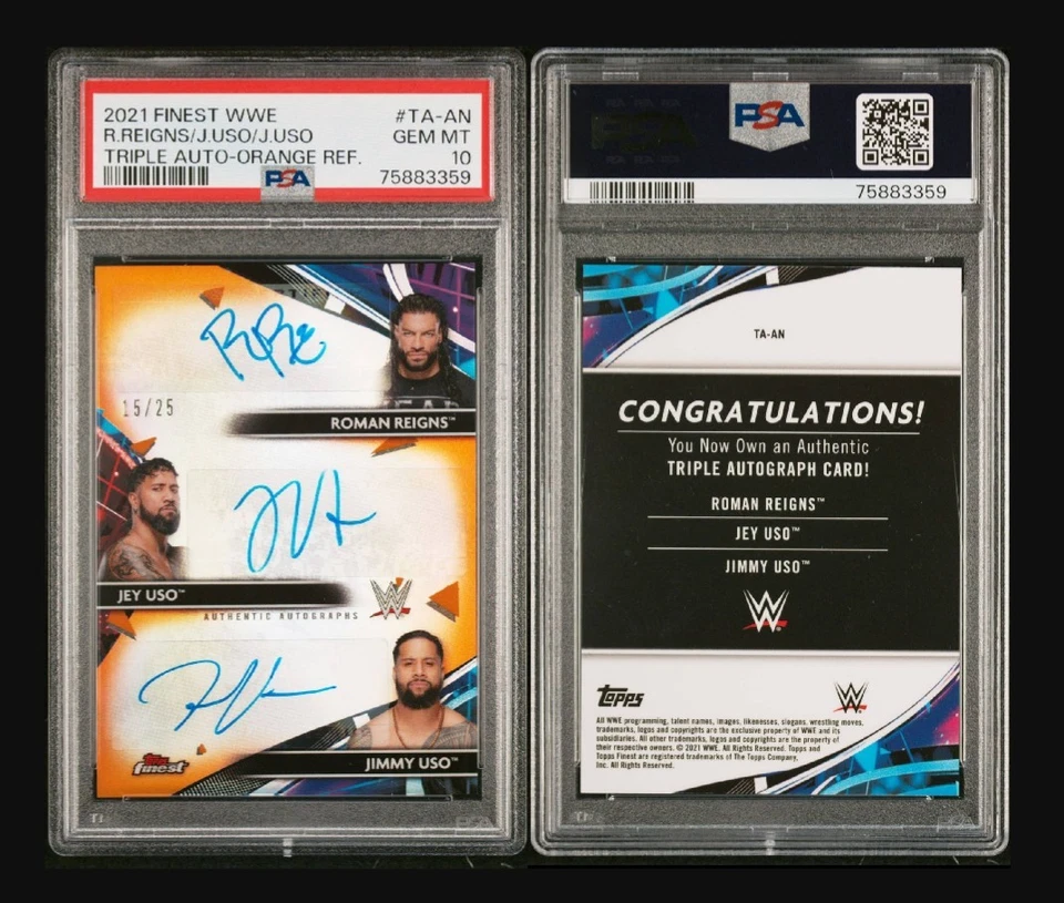 ROMAN REIGNS JEY JIMMY USO 2021 Topps Finest WWE Triple Auto Orange #/25 PSA 10 - Image 3 of 3