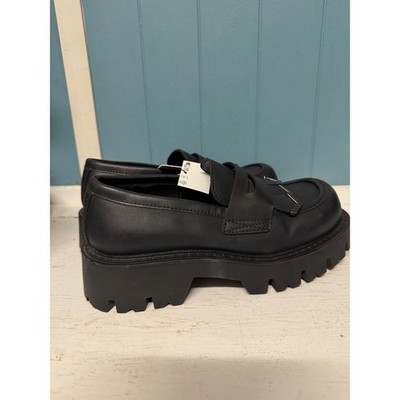 Zara Black Leather Chunky Lug Sole Loafers Metallic Detail 2625