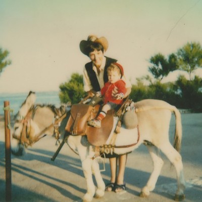 Child Sitting On Donkey With Mother Joyful Outdoor Memory Vintage Photo