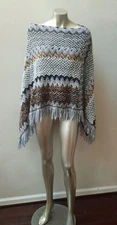 GRAY KNIT FRINGED CAPE PONCHO SHAWL BOLERO HIPPIE BOHO GEOMETRIC CROP  Fits S-M