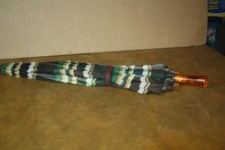 Vintage Brown and Green Plaid Pattern Umbrella- Amber Bakelite Handle and Tip