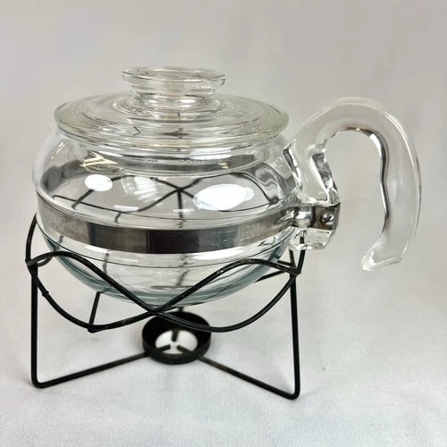 Vtg Pyrex Flameware 6 Cup Teapot 8446-B Lid 8336  Tea Light Warming Stand
