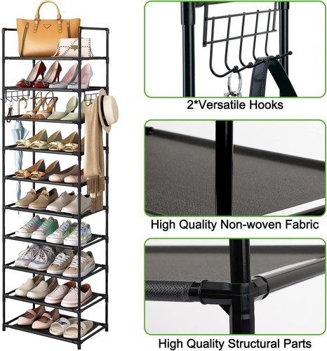 10 Tier Tall Metal Shoe Rack Storage Shelves Shoes Rack Storage Organizer 20-25 - Picture 2 of 7