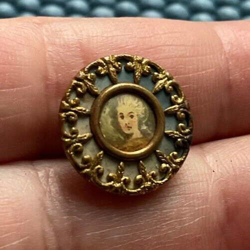 Antique Metal & Celluloid Lithograph Woman Head Face - 5/8” - Picture 3 of 5