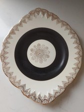 Vintage Fine Bone China Sandwich Plate England Warranted 22 Carat Gold Black...
