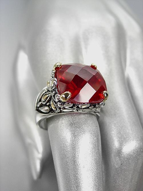 *NEW* Designer Inspired Red Garnet CZ Crystal Silver Gold Balinese Ring