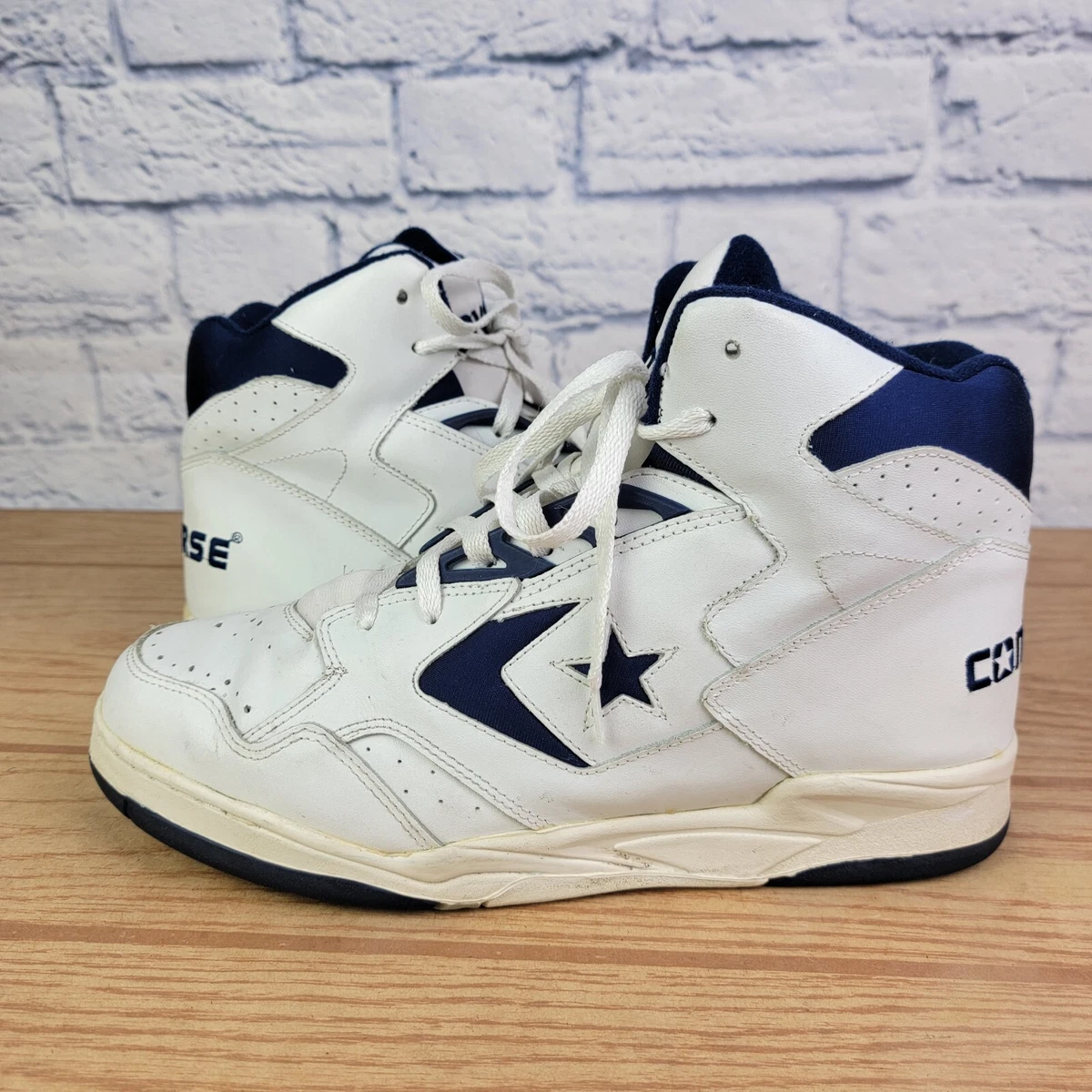 Vintage 90s Converse High Tops White Navy Blue Basketball Shoes Men s Size 11