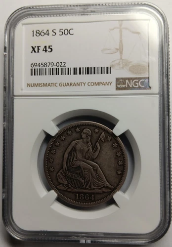 1864-S Seated Liberty Half  NGC XF 45.   Great strike, top eye appeal.