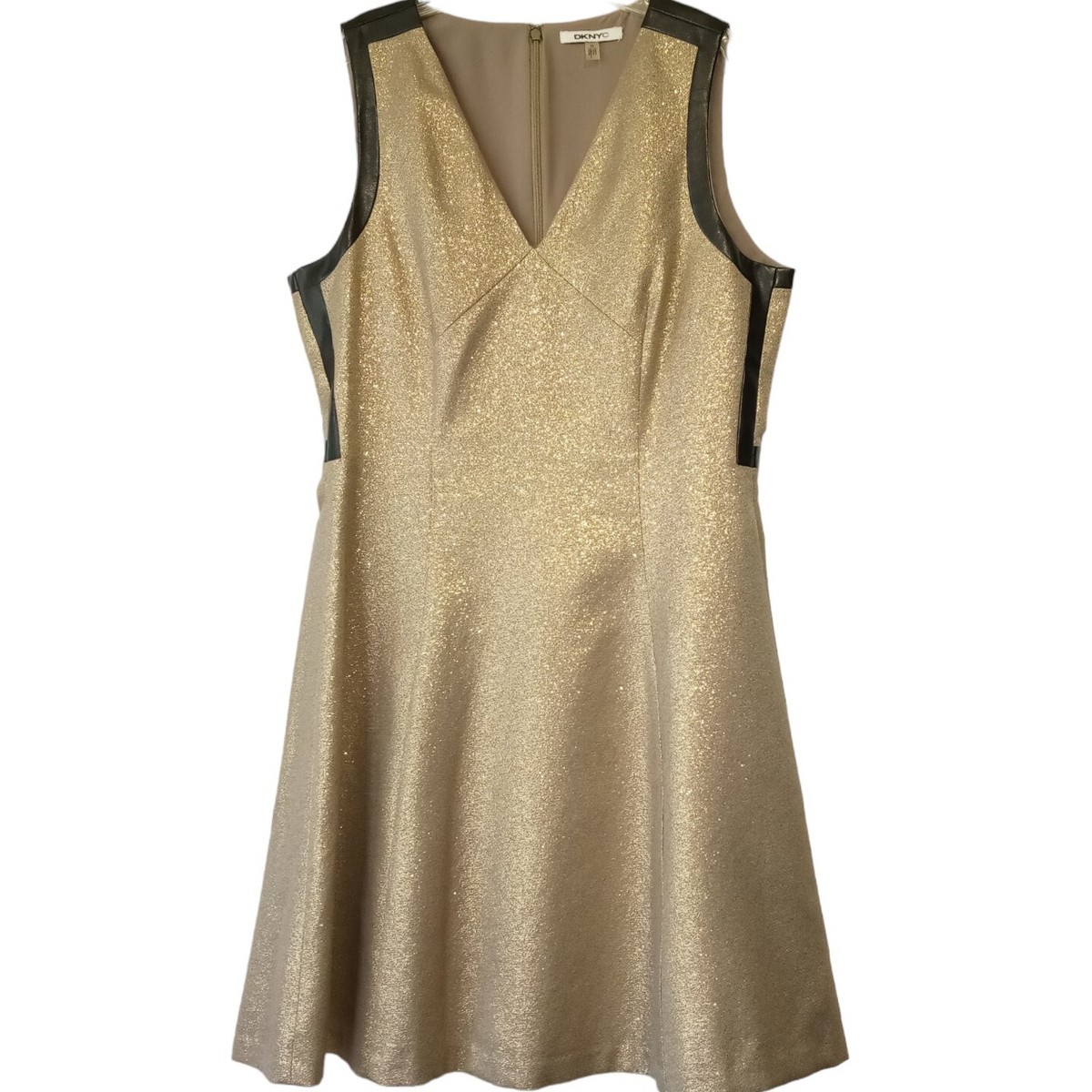 DKNY Gold Metallic Cocktail Dress sz 12 Black faux leather trim Prom/Dance