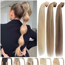 100% Remy Echthaar Pferdeschwanz Clip In Zopf Extensions Ponytail Glatt Gelockt