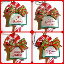 Ganz Candy Cane Christmas Ornament Bow Red Silver Choose Phrase Sayings NWT JB