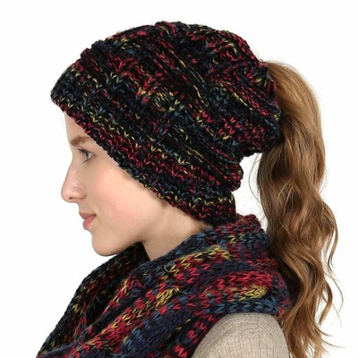 Women Beanie Ponytail Hole Black Confetti Knit Winter Messy Bun