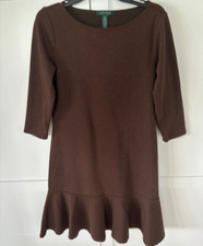 Lauren Ralph Lauren M Brown Dress 3/4 Sleeve Herringbone A Line Classic Modern