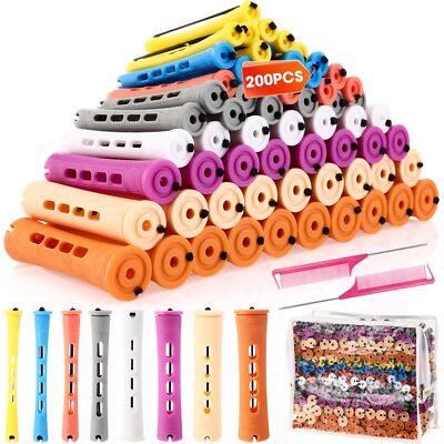 200 Piece Hair Perm Rods Set 8 Kinds of Plastic Cold Ironing Stick Heatless P...