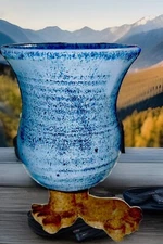 RARE Accolay Pottery 2 Feet Mug Blue Brown OOAK Handcrafted 5.5” Vase Mug Decor