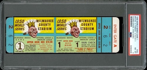 1958 World Series Game 1 Full Ticket Yankees/Braves PSA 8 *Warren Spahn 10IP W* - Bild 1 von 2