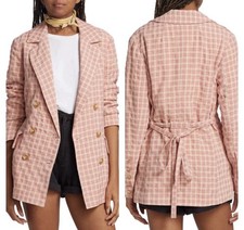 Free People Olivia Pink Gingham Double Breasted Blazer Jacket Women's Size Med