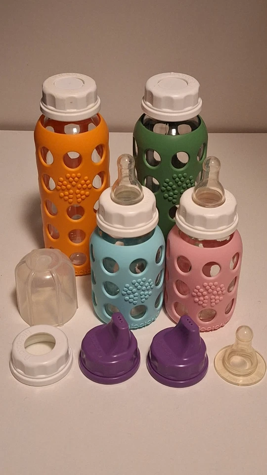 LifeFactory Paquete de 4 Biberones de Silicona de Vidrio Set Púrpura Verde 4oz y 9oz. Foto 2 de 4