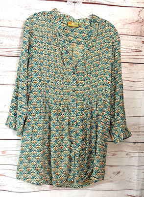 Rock Flower Paper Tunic Shirt Blouse Top Size S/M Button Up Pintuck Print