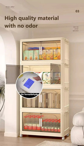 Side Wide Folding Plastic Storage Cabinet 3-Tier Magnetic Door Wheels - Picture 17 of 22