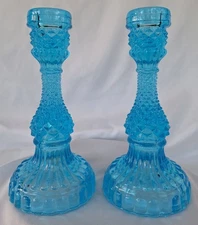 Kemple Glass Hobnail Candle Holders Aqua Blue 7 Inch 