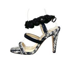 Chanel Tweed Camellia CC Pumps Black White Heels 37.5