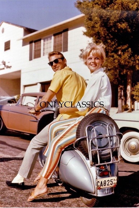 1960 SEXY BLONDE GIRL COOL MAN ON VESPA MOTORCYCLE SCOOTER 12X18 PHOTO PINUP NJ